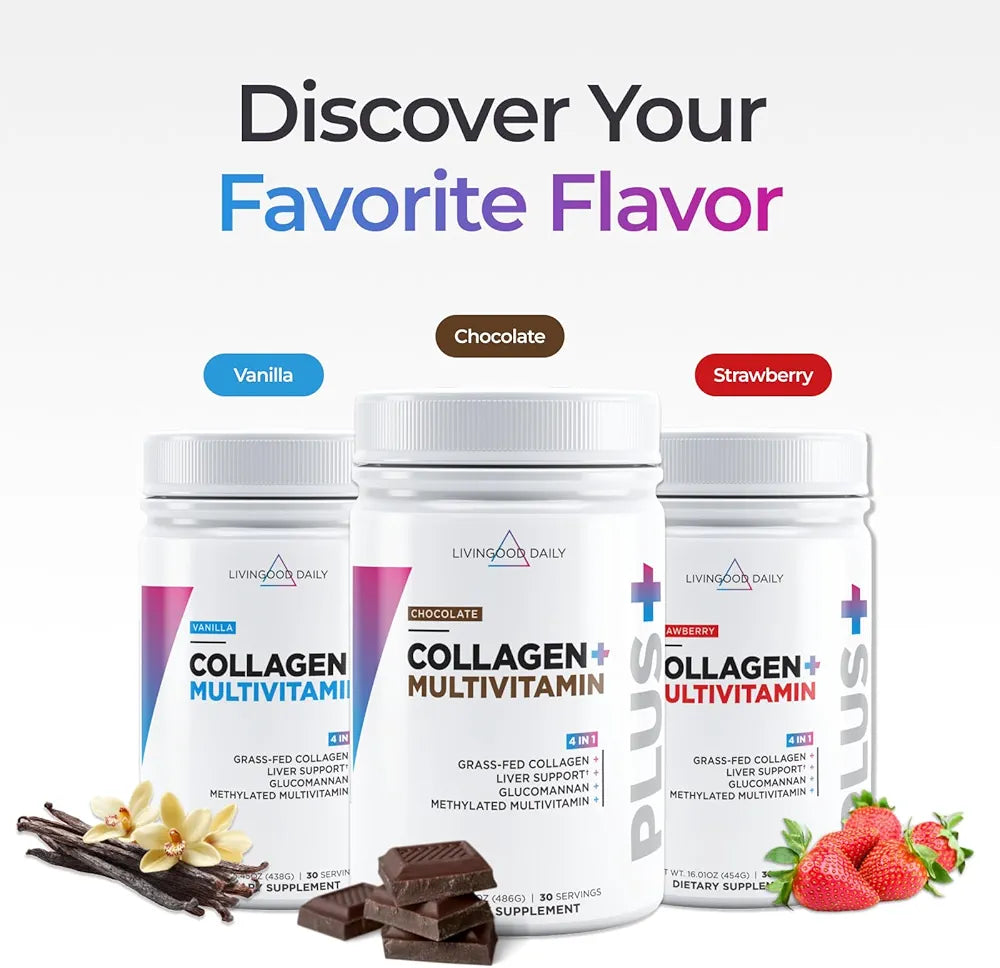 Livingood Daily Collagen Powder for Women and Men, Vanilla, Grass Fed Protein, Hydrolyzed Collagen Peptides with Vitamin C & Multi Vitamins for Hair, Skin, Nail & Gut Health, Gluten Free, 30 Servings