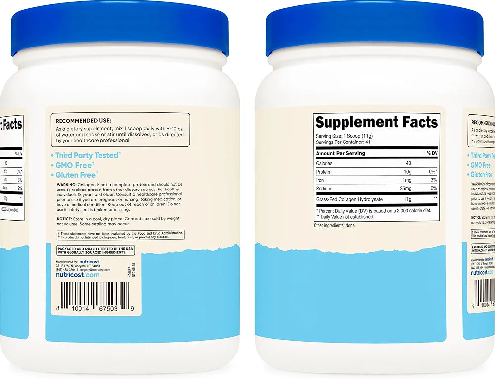 Nutricost Collagen Peptides Powder 1LB  - Grass Fed Bovine Collagen Hydrolysate 