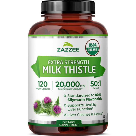Zazzee USDA Organic Milk Thistle 50:1 Extract, 80% Silymarin Flavonoids, 200 Vegan Capsules, 6+ Month Supply, Silybum Marianum, Liver Support & Detox Support, Organic All-Natural, Non-GMO, Made in USA