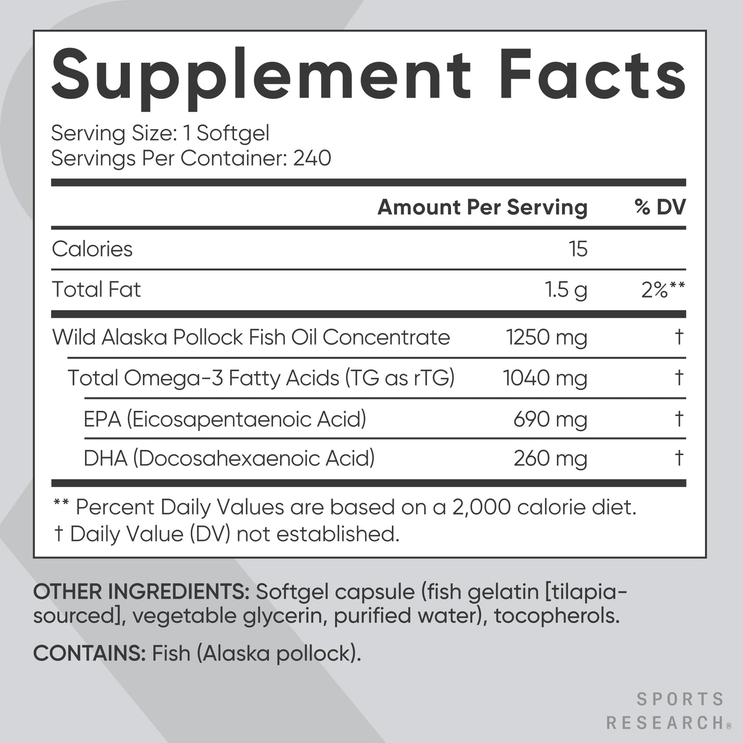 Sports Research® Omega-3 Fish Oil 1250mg from Wild Alaska Pollock, 30 Count | Always Fresh Never Fishy | 690mg EPA 260mg DHA per Softgel · Heart & Brain Health* · MSC Certified Sustainable - 30 Servings