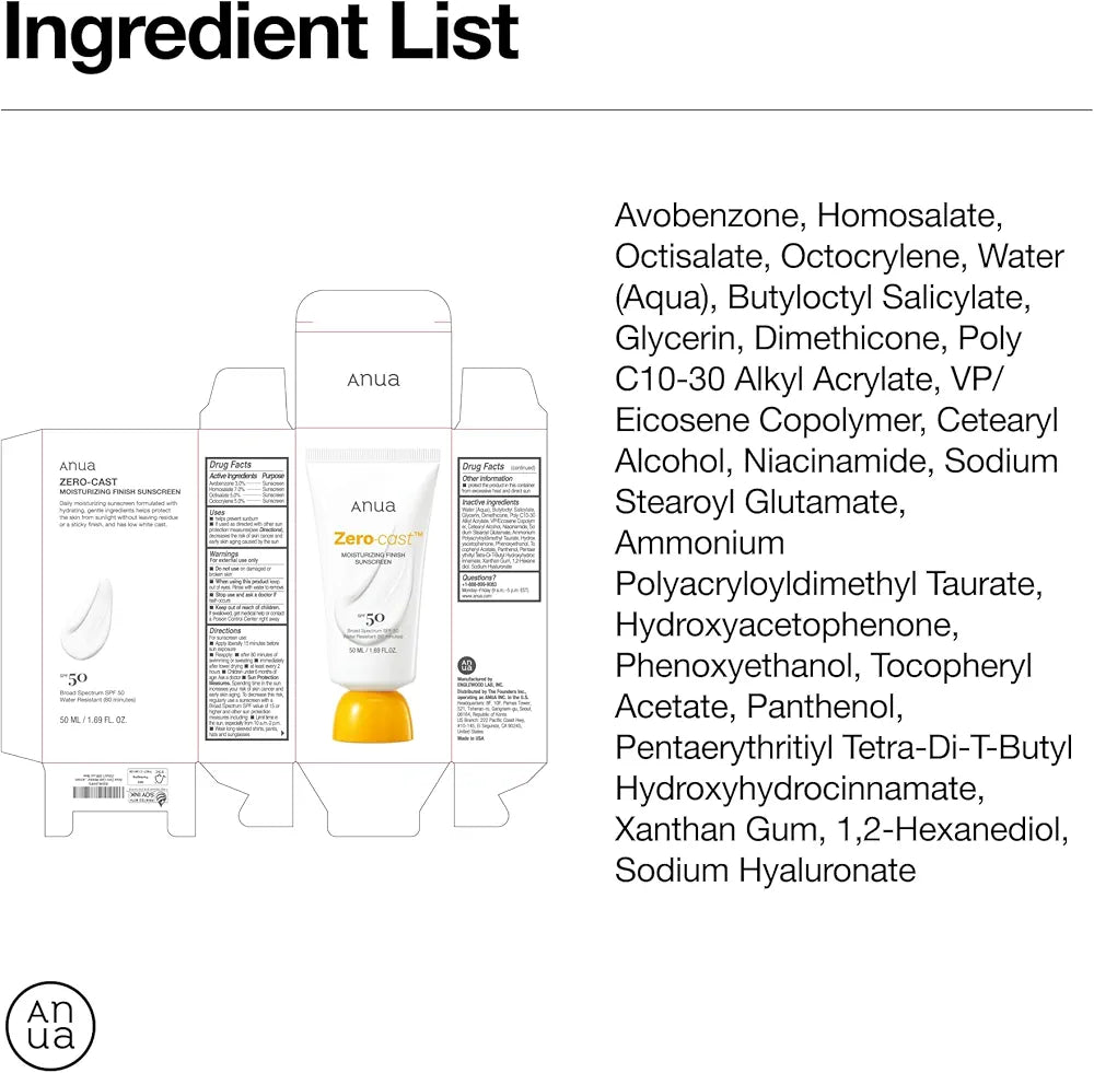 Anua, Zero-Cast Moisturizing Sunscreen SPF 50, Glow Natural Sunscreen for face, No White Cast, Hyaluronic Acid, Niacinamide, Oil-Free, Korean Skincare, 1.69 fl oz