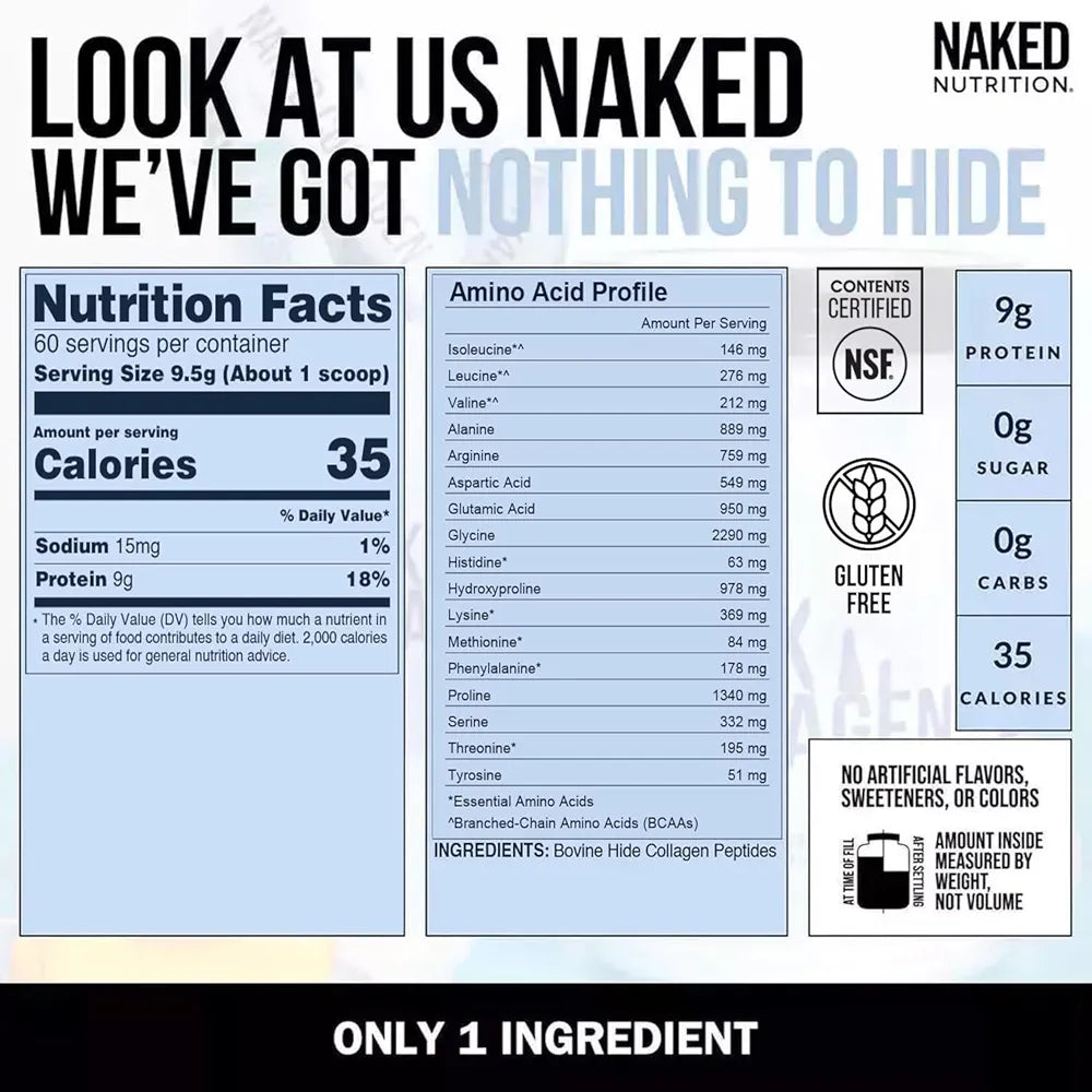 NAKED Collagen Peptides Protein Powder, 60 Servings, Pasture-Raised, Unflavored Grass-Fed Hydrolyzed Collagen Supplement, NSF Certified, Paleo Friendly, Non-GMO, Keto, Gluten Free, 20oz