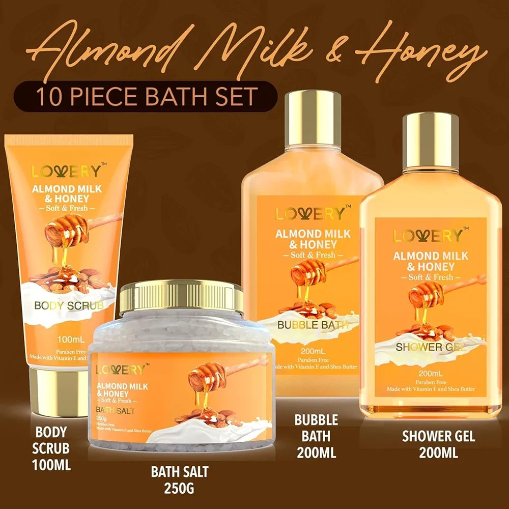 Almond Milk & Honey 10-Piece Spa Gift Basket for Women - Self Care Bath & Body Pampering Set