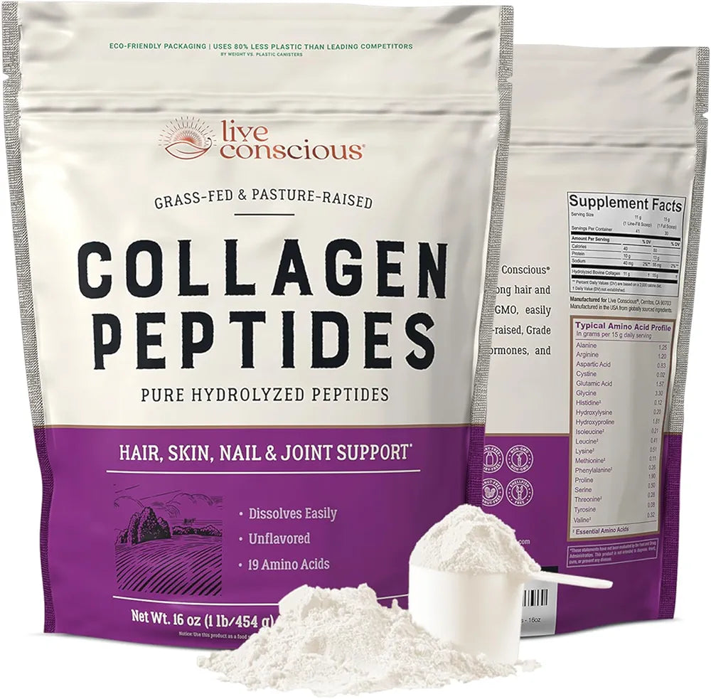 Live Conscious Collagen Peptides Powder - Naturally-Sourced Hydrolyzed Collagen Powder - Hair, Skin, Nail, and Joint Support - Type I & III Grass-Fed Collagen Supplements for Women and Men - 16oz