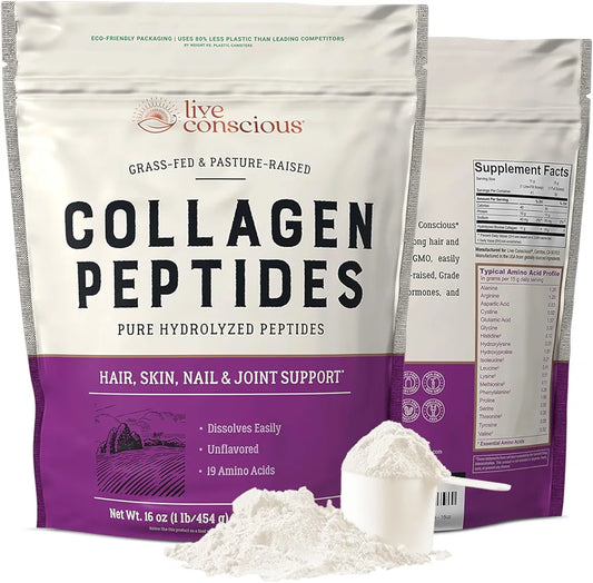 Live Conscious Collagen Peptides Powder - Naturally-Sourced Hydrolyzed Collagen Powder - Hair, Skin, Nail, and Joint Support - Type I & III Grass-Fed Collagen Supplements for Women and Men - 16oz