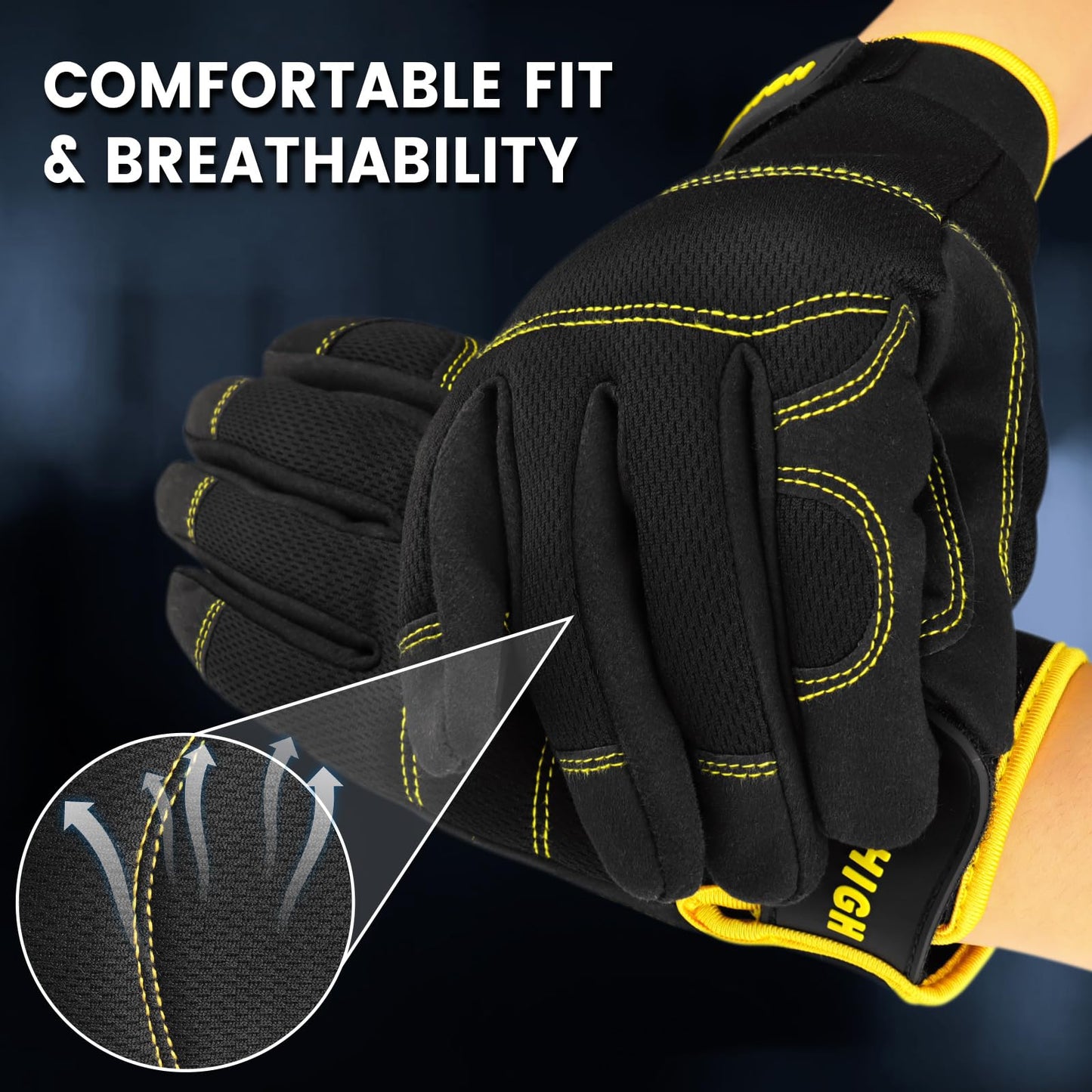 Safety Work Gloves, Men's Utility Mechanic Working Gloves for All Purpose, Touchscreen Compatible, Flexible Breathable Fit, Knuckles & Palm (M)