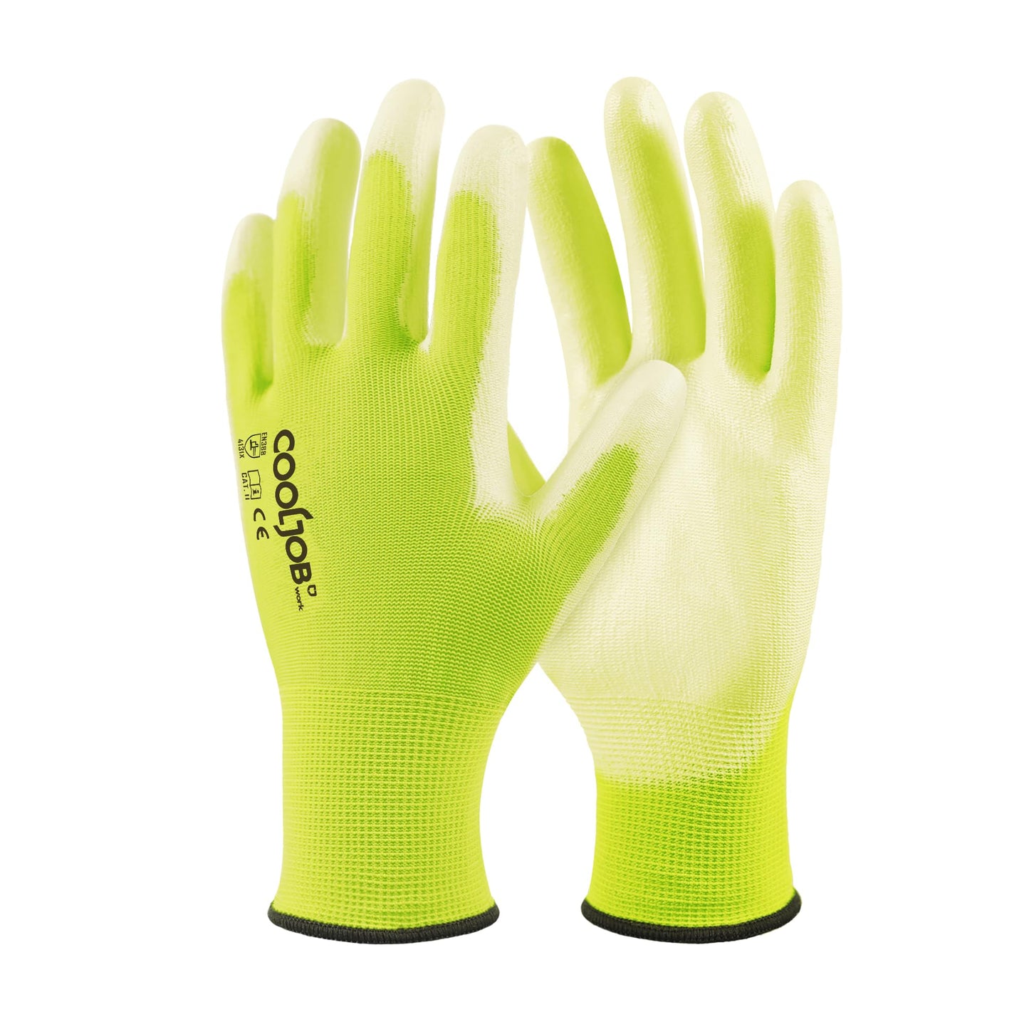 COOLJOB 12/60 Pairs Safety Work Gloves Pack Bulk with Grip PU Coating | Breathable Lightweight Gloves with Polyurethane Dipped for Men Women, 13 Gauge Seamless Knit Thin Gloves, Blue Large