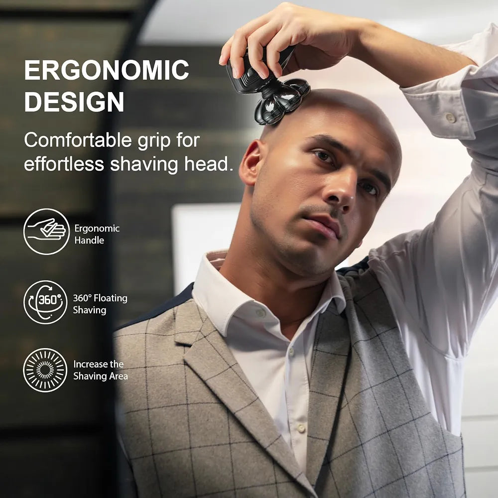 5D Floating Electric Head Shaver for Bald Men with Magnetic Removable Head, IPX7 Waterproof, LED Display, and Type-C Fast Charging
