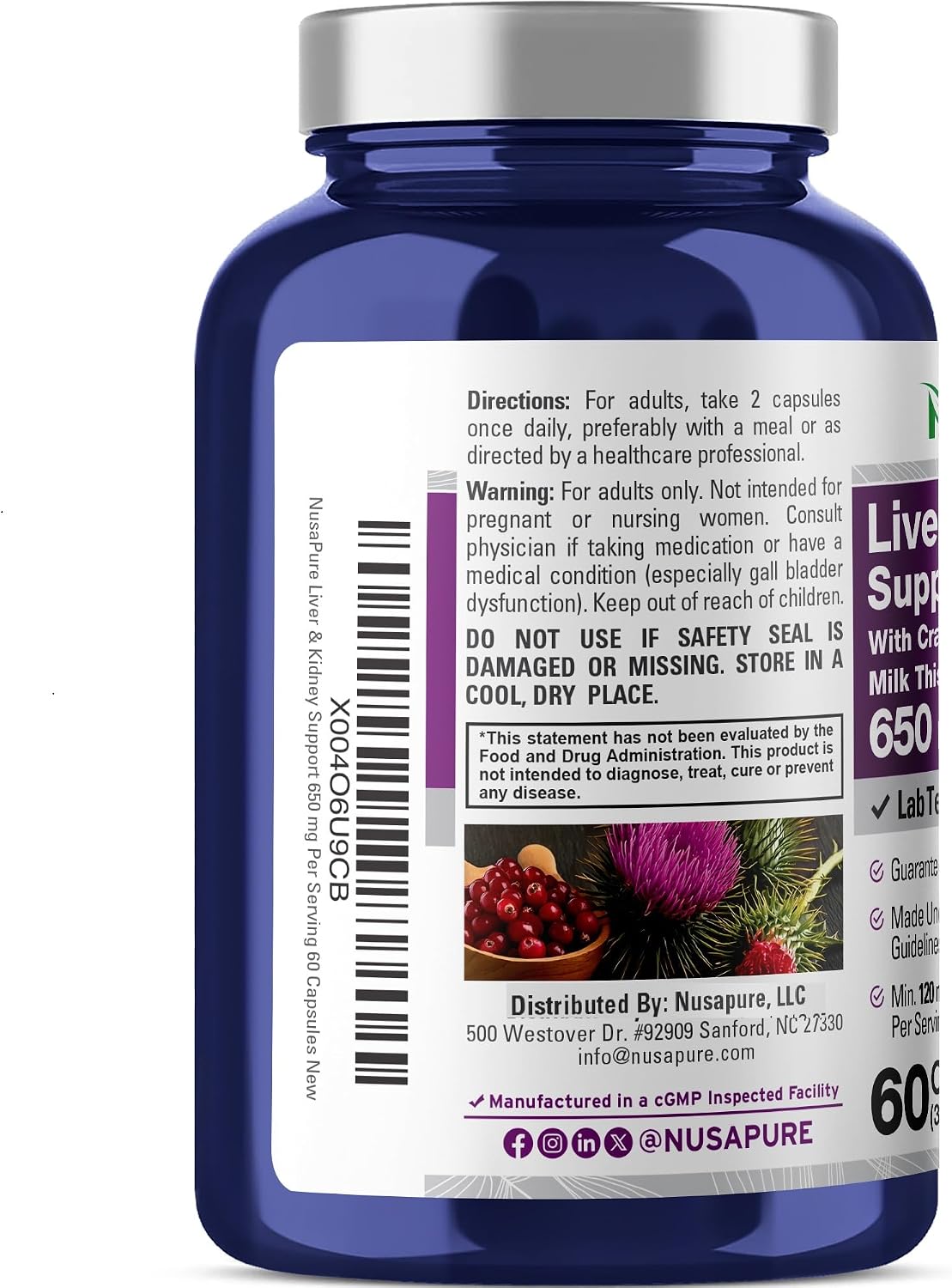 NusaPure Liver & Kidney Support with Cranberry Fruit & Milk Thistle Extract 650 mg 60 Capsules Non-GMO Soyfree Dietary Supplement