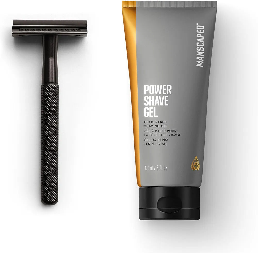 MANSCAPED The Plow 2.0 Safety Razor and Power Shave Gel Face Shaving Bundle