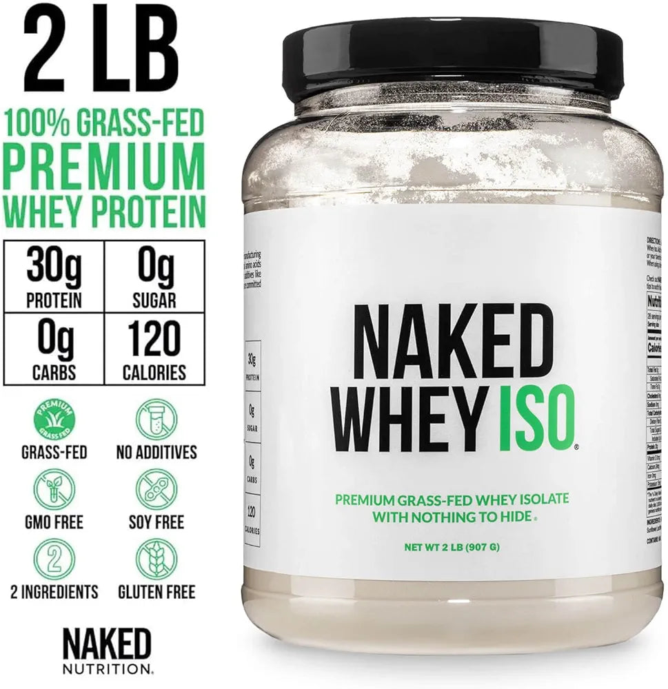 NAKED Whey Isolate Protein - Only 2 Ingredients, 30g Grass-Fed Protein, Zero Carb, Unflavored, Undenatured, Non-GMO, No Soy, Gluten-Free, No Preservatives - 28 Servings