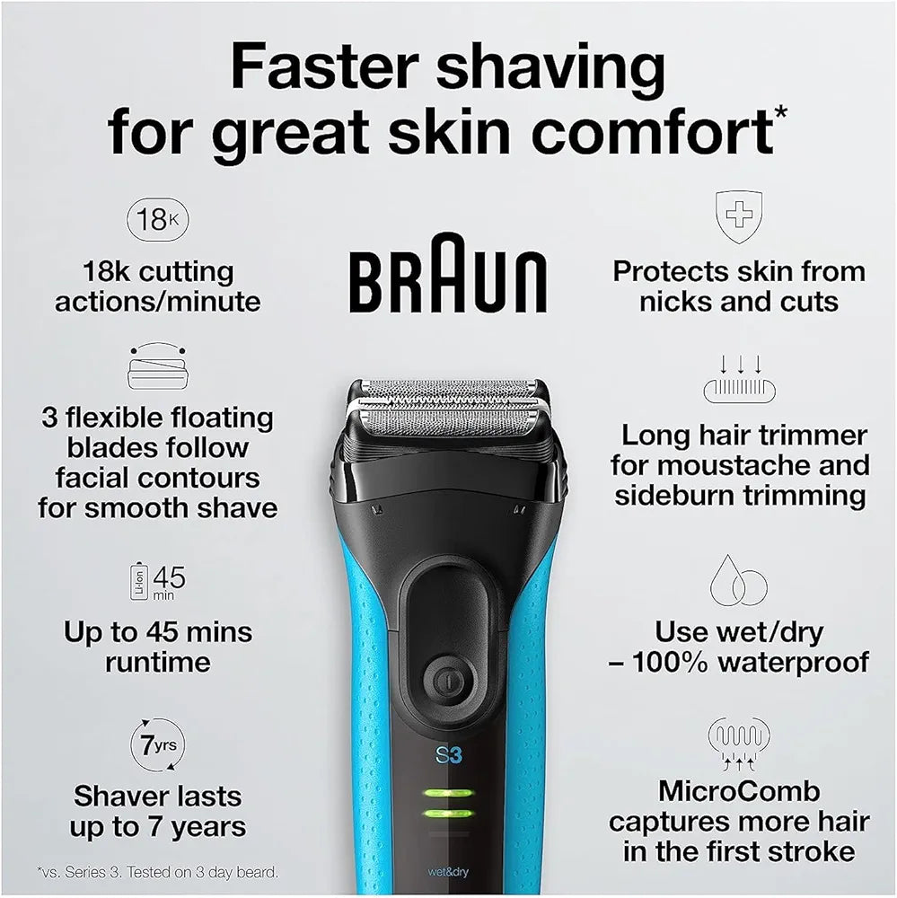 Braun Series 3 Electric Foil Shaver for Men with Precision Trimmer, Rechargeable Wet & Dry Use, Blue/Black, 4-Piece Set