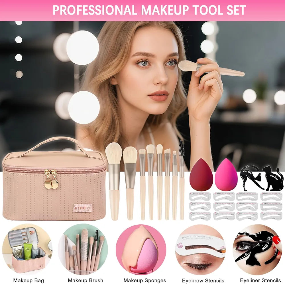Professional All-in-One Makeup Kit: Complete Cosmetic Bundle with Eyeshadow, Foundation, Eyeliner, Contour, Lip Gloss, and Brushes