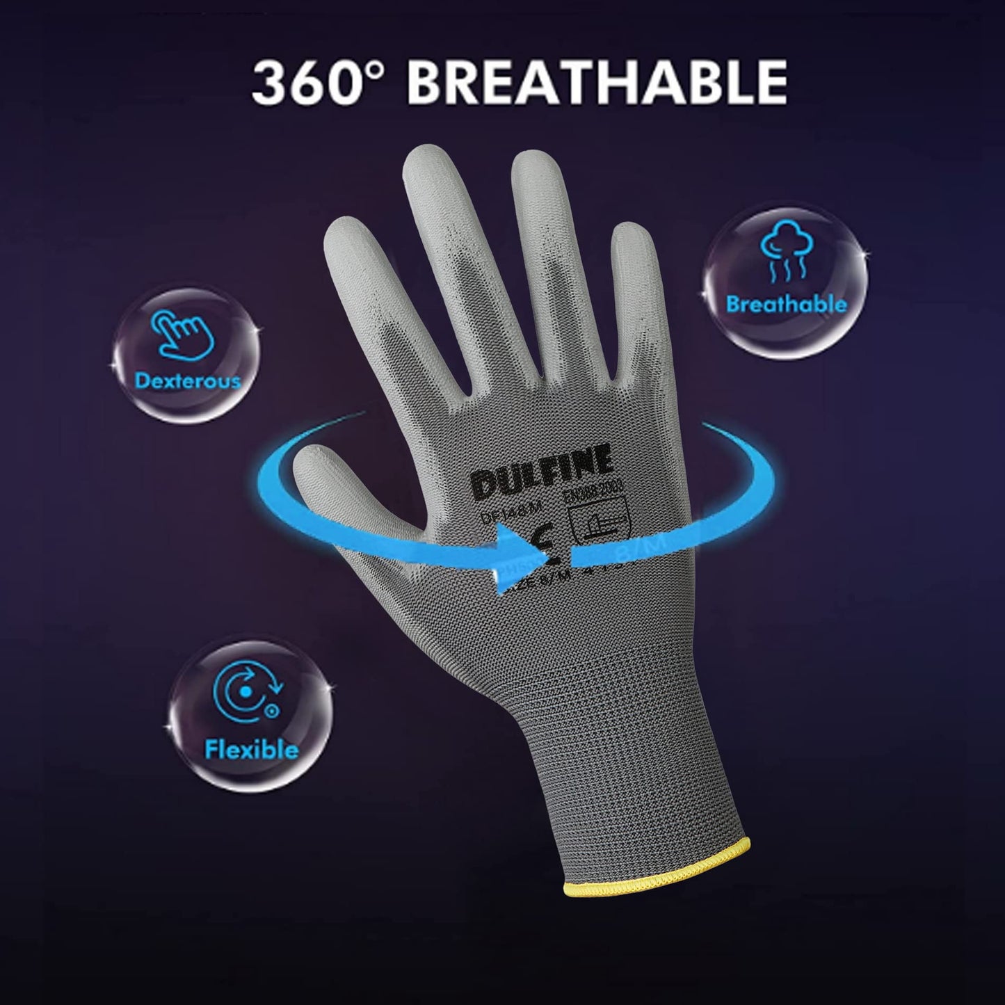 DULFINE Safety Work Gloves for Men & Women, PU Coated Seamless Knit Grip
