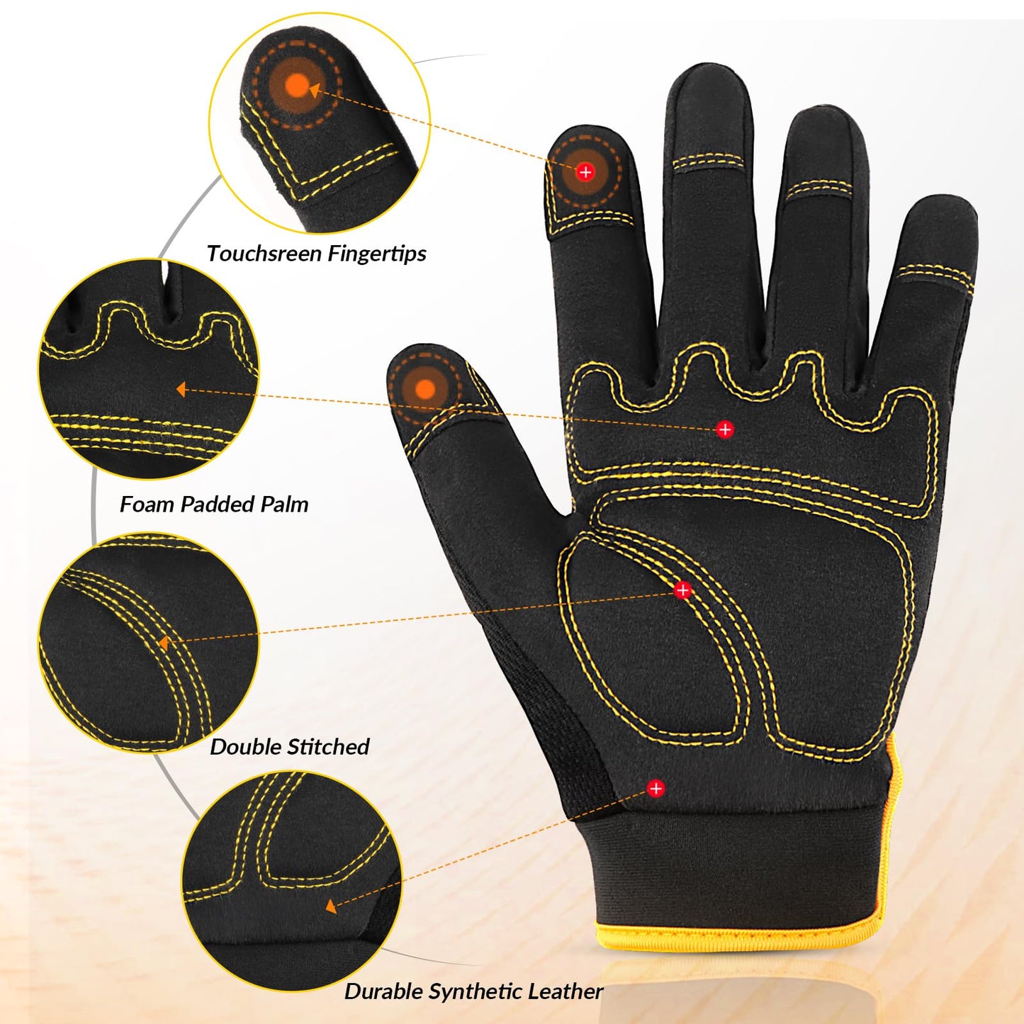 Safety Work Gloves, Men's Utility Mechanic Working Gloves for All Purpose, Touchscreen Compatible, Flexible Breathable Fit, Knuckles & Palm (M)