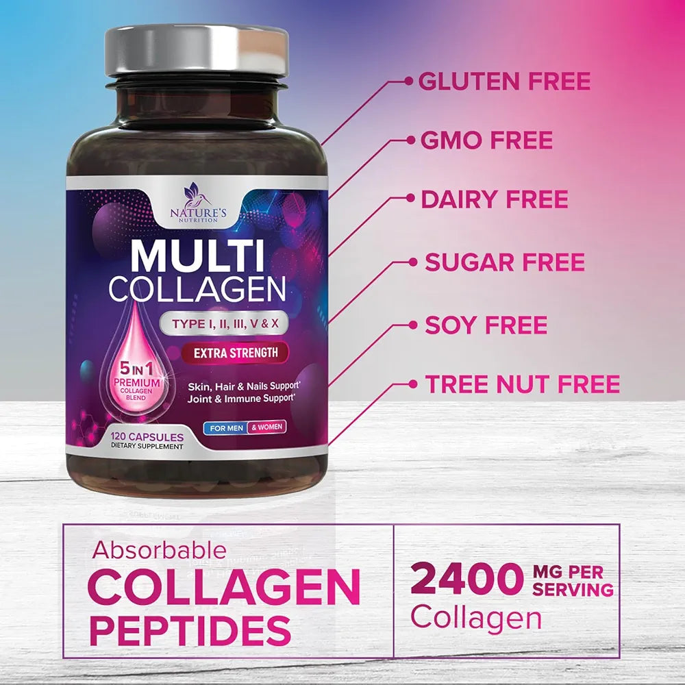 Multi Collagen Complex Pills - Hydrolyzed Collagen Peptides Capsules for Women & Men - Types I, II, III, V, X Multi Collagen - Hair, Skin & Nails Support Supplement - Bottled in USA - 120 Capsules