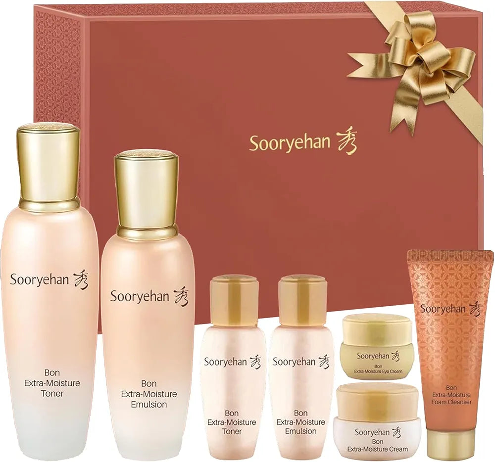 Sooryehan Bon Extra Moisture Korean Skin Care Gift Set  - Luxury Premium High-end by LG Beauty. Hydrating Toner, Emulsion Lotion, Cleansing Foam, Eye Cream.