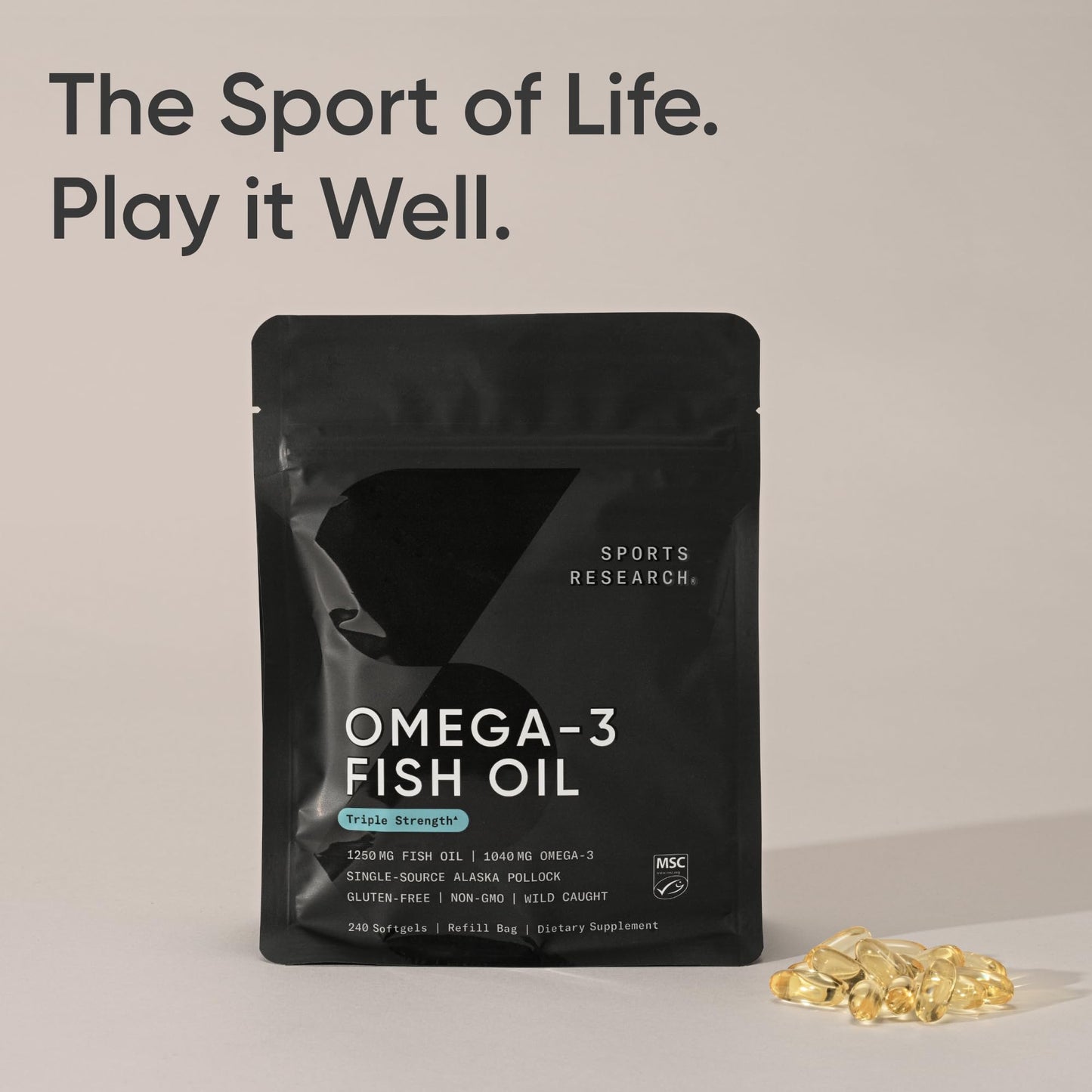 Sports Research® Omega-3 Fish Oil 1250mg from Wild Alaska Pollock, 30 Count | Always Fresh Never Fishy | 690mg EPA 260mg DHA per Softgel · Heart & Brain Health* · MSC Certified Sustainable - 30 Servings