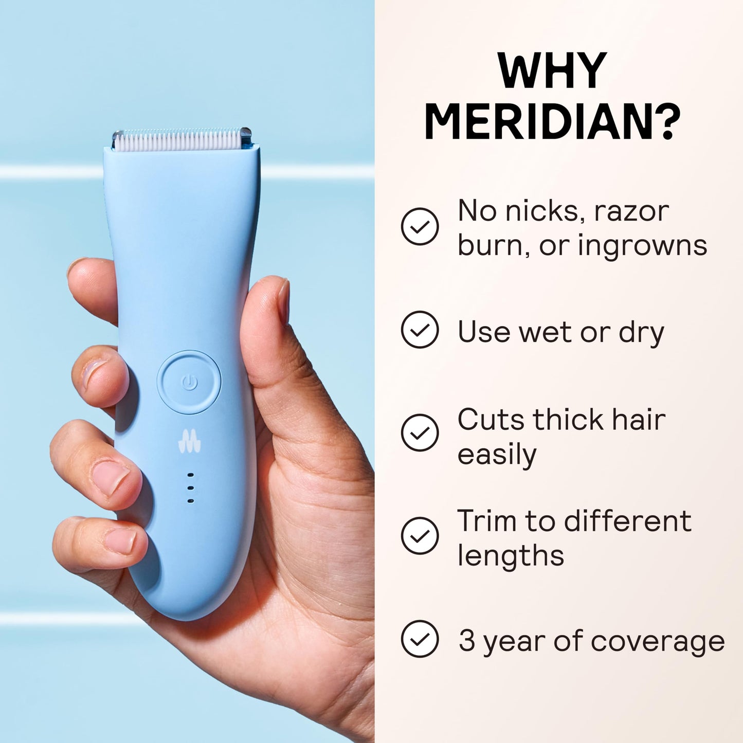 MERIDIAN The Trimmer Original | Body Hair Trimmer for Men & Women | Sage | Rechargeable and Waterproof Shaver for Pubic Area, Chest, Back, Underarms and Bikini Line, with 2 Guide Combs Included