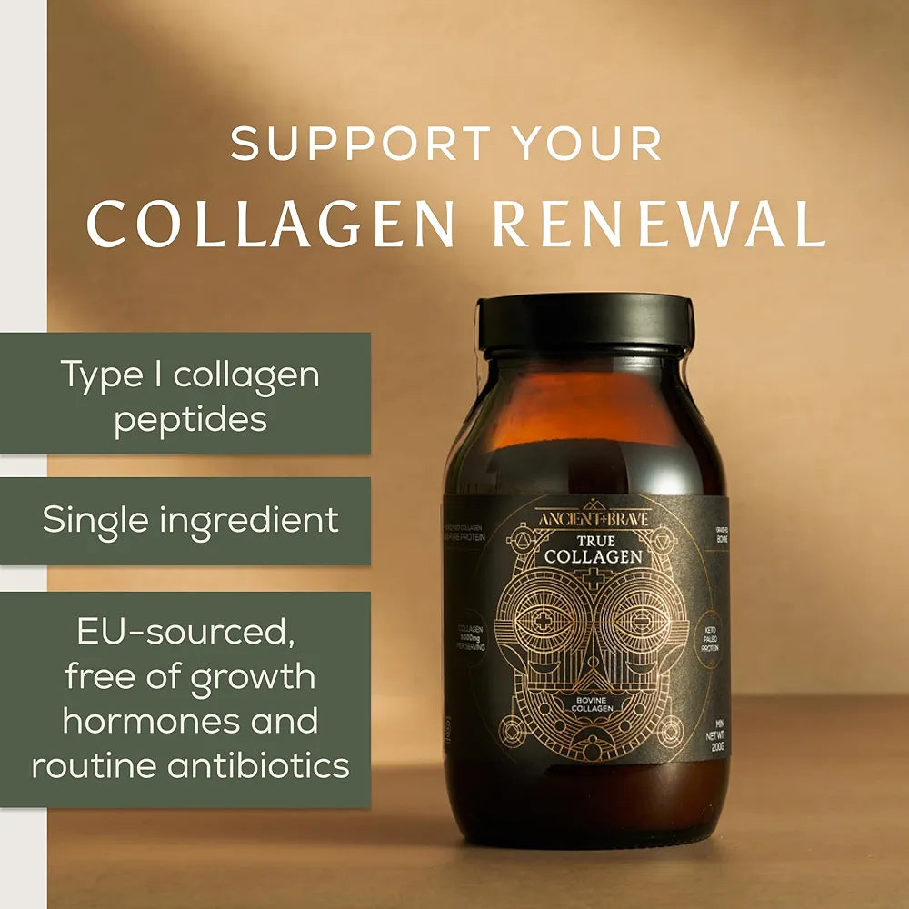 Ancient + Brave True Collagen Powder 7.05oz , EU Grass Fed Collagen Peptides, Highly Absorbable Protein Powder, Supplements for Women, Supplement for Hair, Skin and Nails