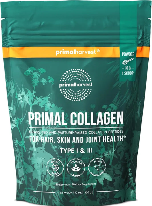 Primal Harvest Collagen Powder for Women or Men Primal Collagen Peptides Powder Type I & III, 10 Oz Collagen Protein Powder for Hair, Skin, Nails 