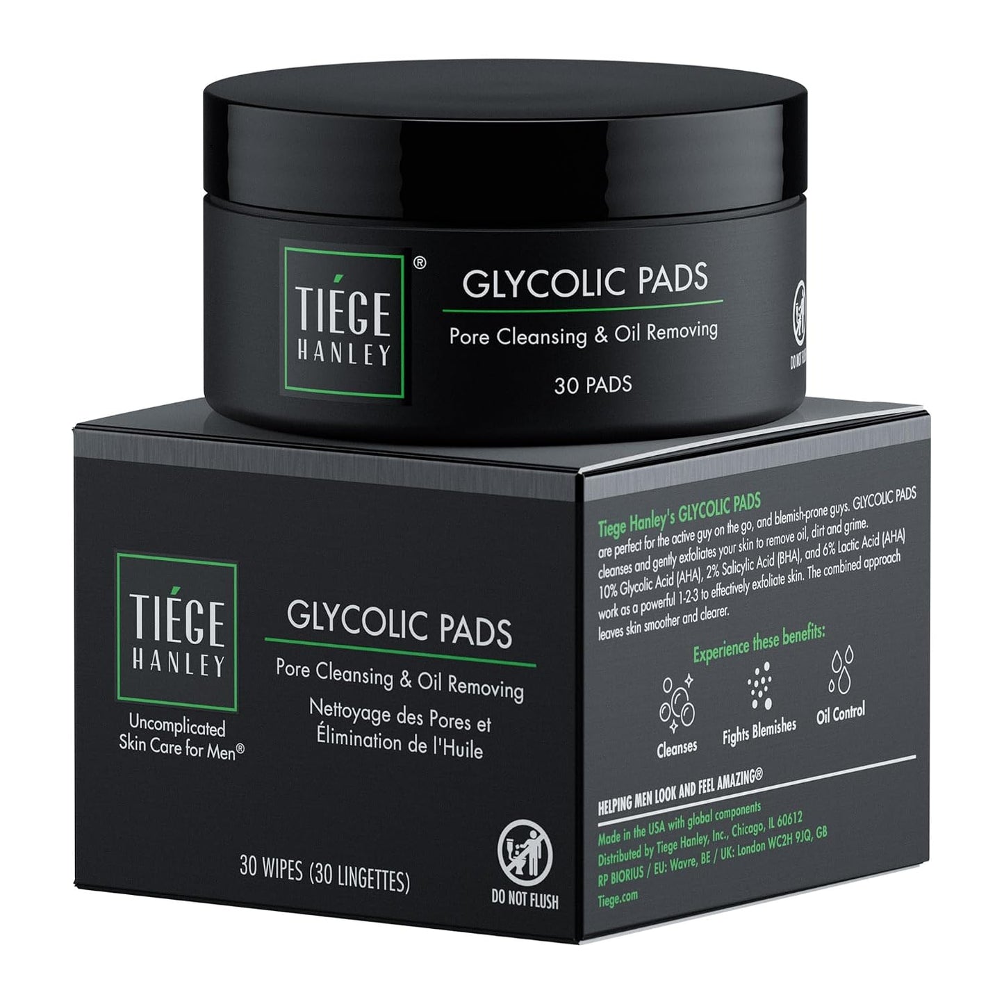 Tiege Hanley Glycolic Acid Pads for Men, Face Wipes, 30 Count | Men's Skin Care, Exfoliating Face Cleansing Pads for Forehead, Nose & Cheeks, With Glycolic, Salicylic & Lactic Acid