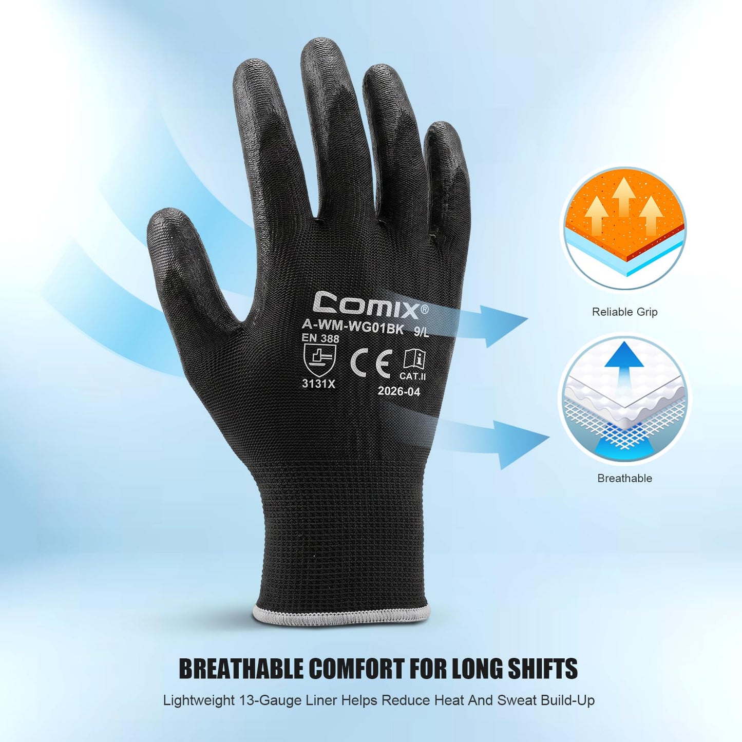 Comix PU Coated Work Gloves 12 Pairs, Light Grip for Warehouse | High-Dexterity Safety Gloves. Breathable 13-Gauge Liner. Ideal For Material Handling, Logistics, Assembly & Maintenance