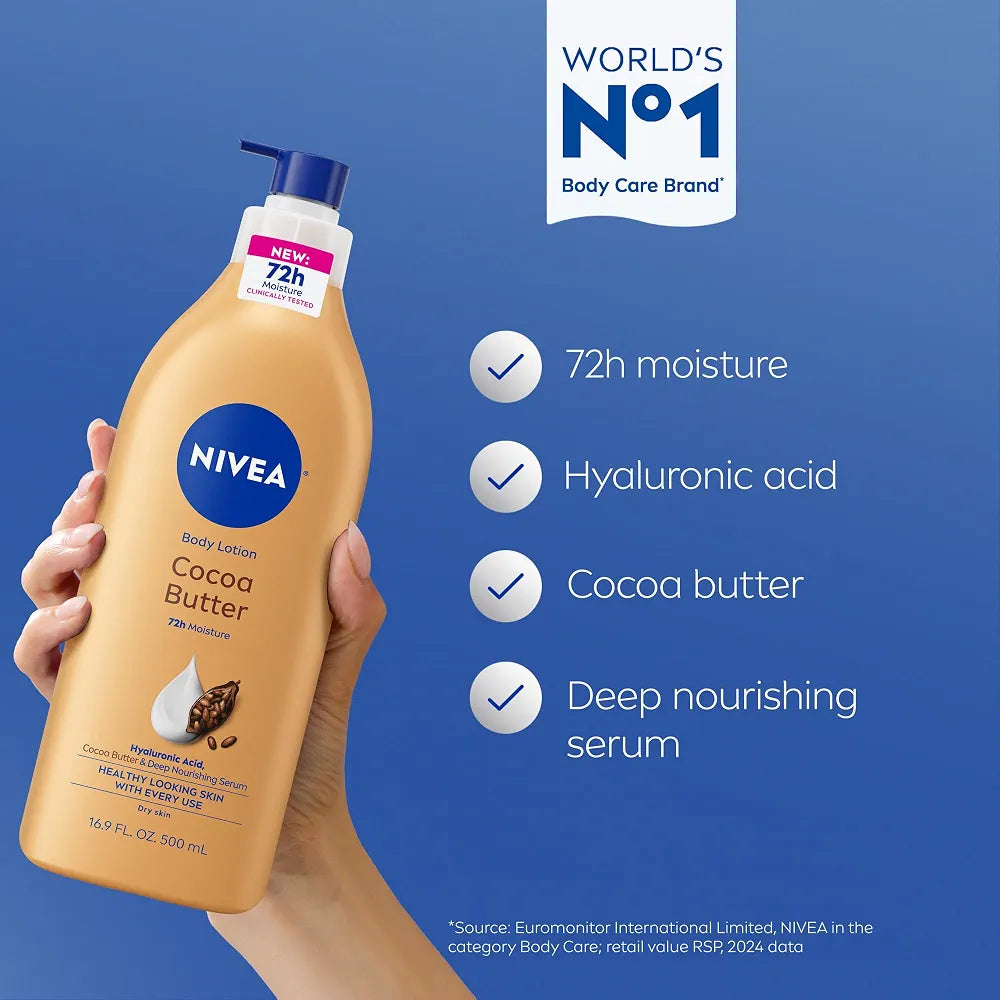 NIVEA Cocoa Butter Body Lotion for Dry Skin with Hyaluronic Acid and Deep Nourishing Serum, 72-Hour Moisturizing Formula, 16.9 Fl Oz Pump Bottle