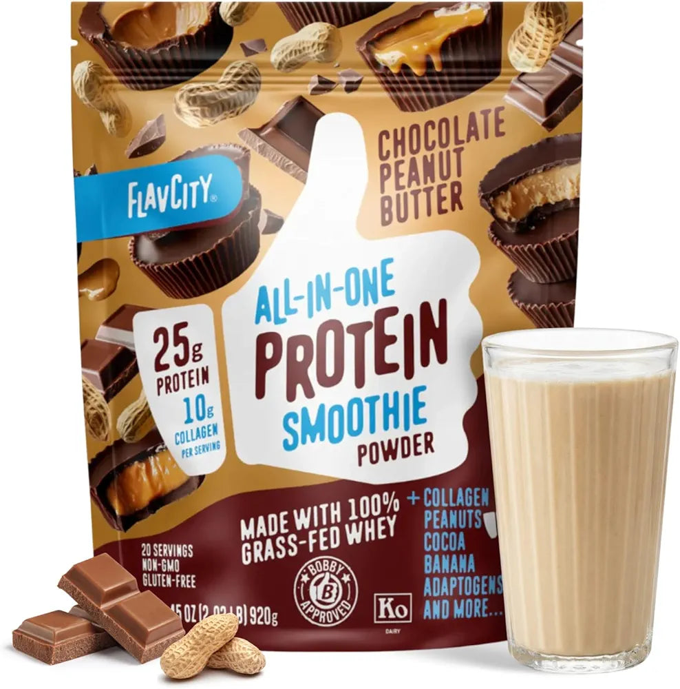 FlavCity Grass Fed Whey Chocolate Protein Powder - Chocolate Peanut Butter - 25g Protein & 10g Collagen - Made with Organic Cocoa & Coconut Milk - Gluten Free & No Added Sugars 