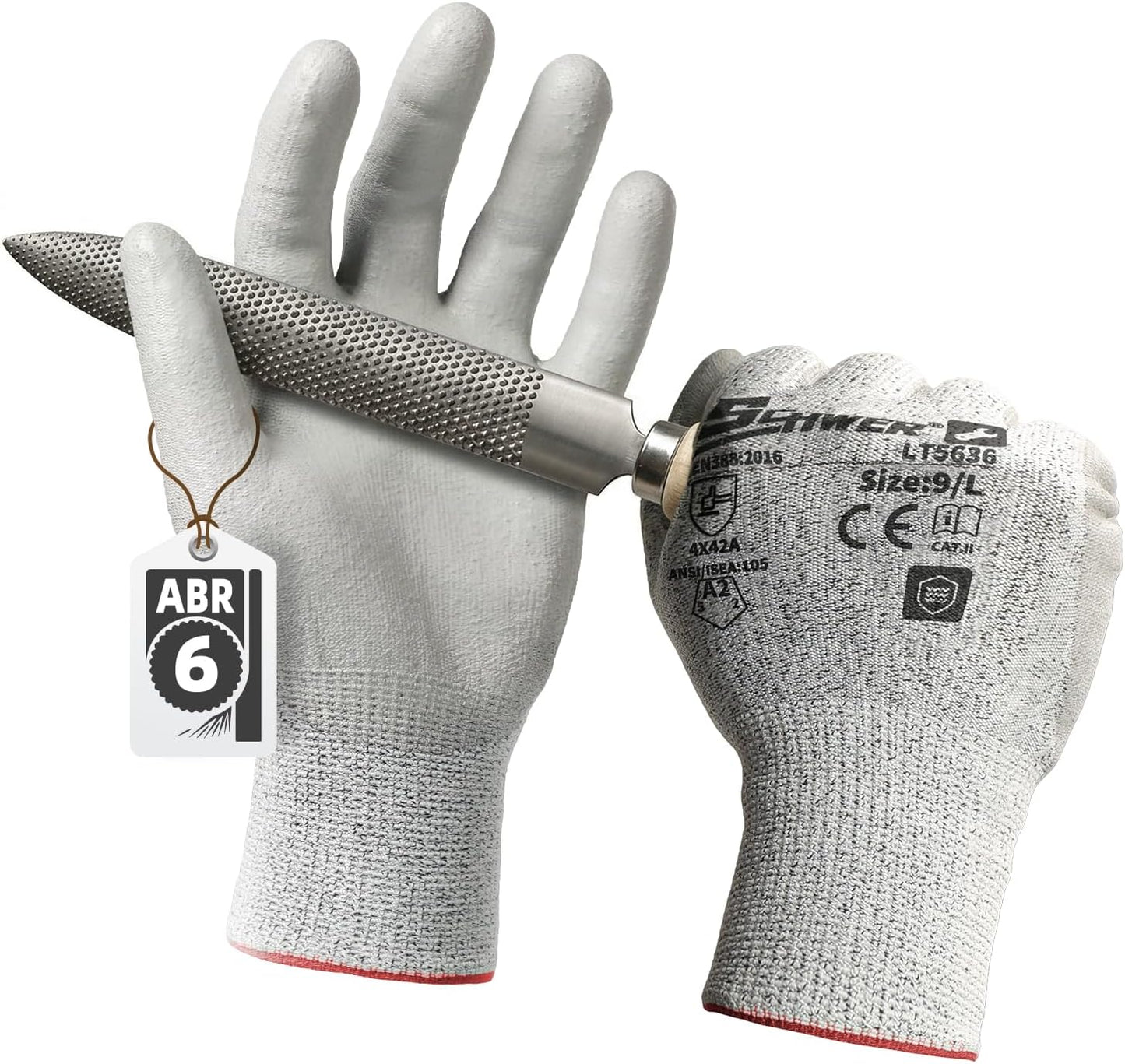 Schwer 6 Pairs A2 Cut Resistant Work Gloves, Ultra Durable, LT5636, L | Certified to Level 6 Abrasion, Enhanced Safety, Strong Grip, 3D-Comfort, Breathable, Flexible, Construction, Garden, Mechanic