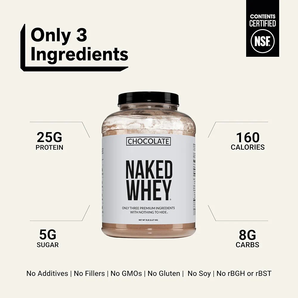 NAKED Whey Protein Supplement Powder, Chocolate, NSF Certified, GMO Free, Soy Free, Gluten Free Aid Muscle Growth and Recovery 60 Servings, 5 Ib