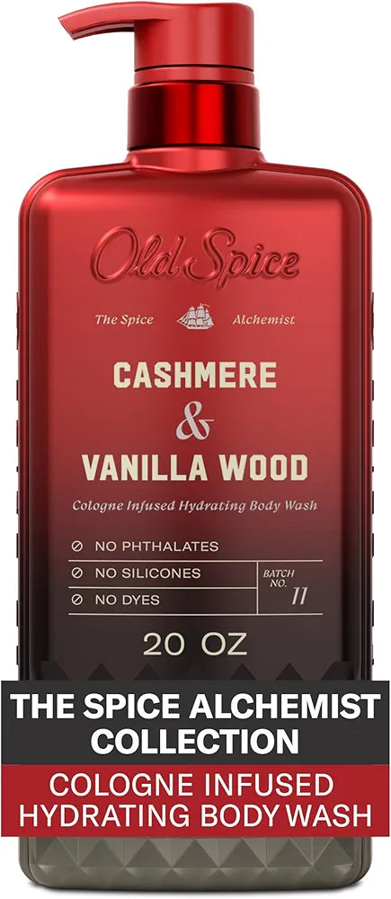 Old Spice Body Wash for Men, The Spice Alchemist Collection, 24/7 Cologne Infused Hydration, No Trade Off Formula, Free of Phthalates Silicones & Dyes, Cashmere + Vanilla Wood Scent, 20 oz
