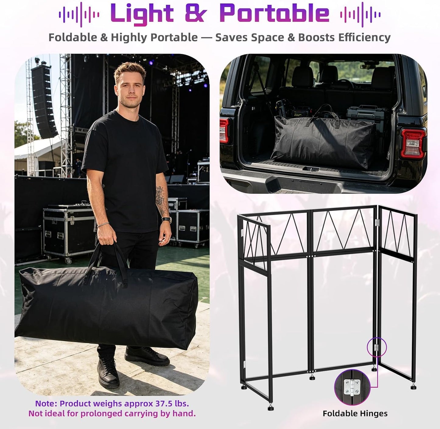 Portable DJ Booth Facade Stand, DJ Table Stand, DJ Facade Booth with White & Black Scrims, Includes Carry Bag & Two Top Corners Table, Tool-Free Setup, for Parties, Events, Studios (40"L x 20"W)