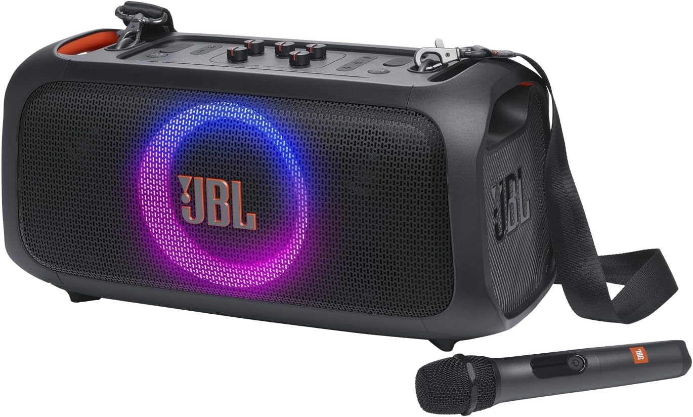 JBL PartyBox On-the-Go Essential - Portable Party Speaker - Black | Amazing JBL Pro Sound, Synched light show, JBL wireless microphone included, IPX4 splashproof protection