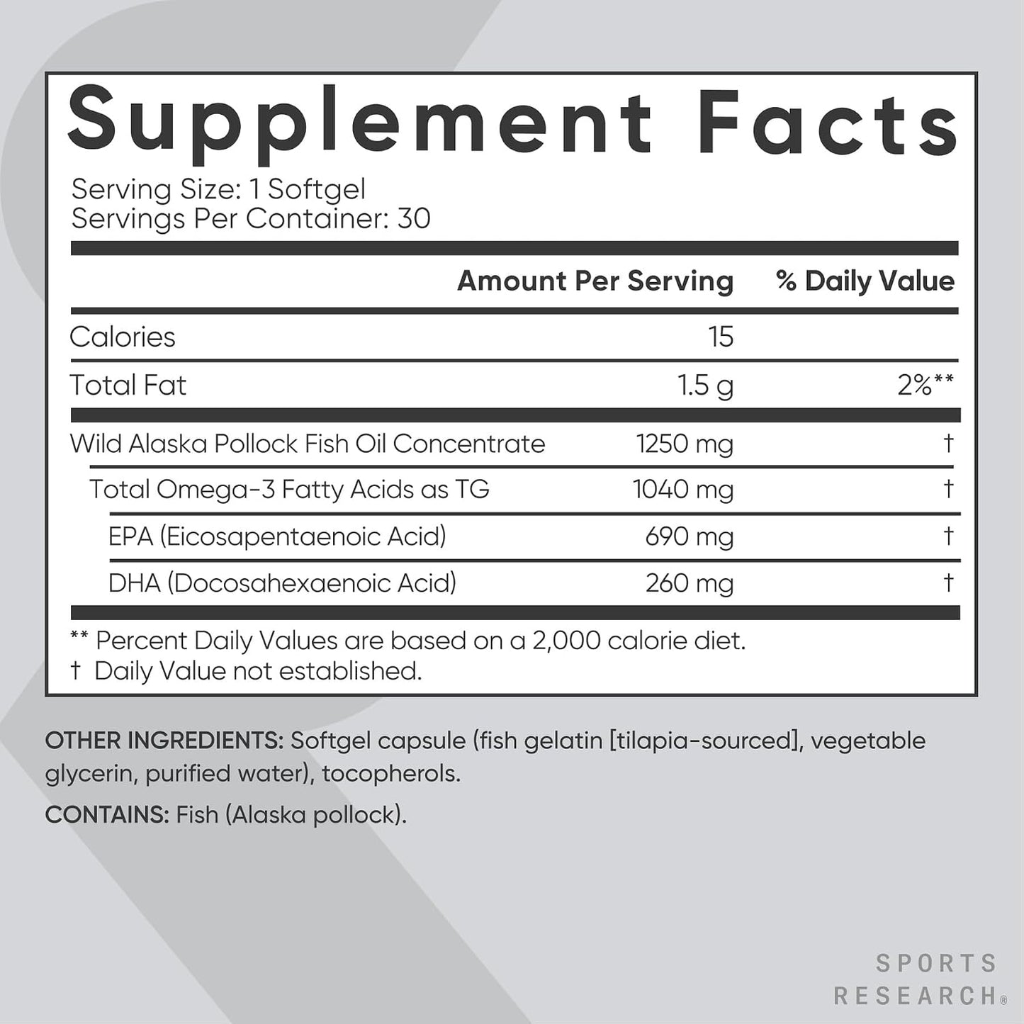 Sports Research® Omega-3 Fish Oil 1250mg from Wild Alaska Pollock, 30 Count | Always Fresh Never Fishy | 690mg EPA 260mg DHA per Softgel · Heart & Brain Health* · MSC Certified Sustainable - 30 Servings