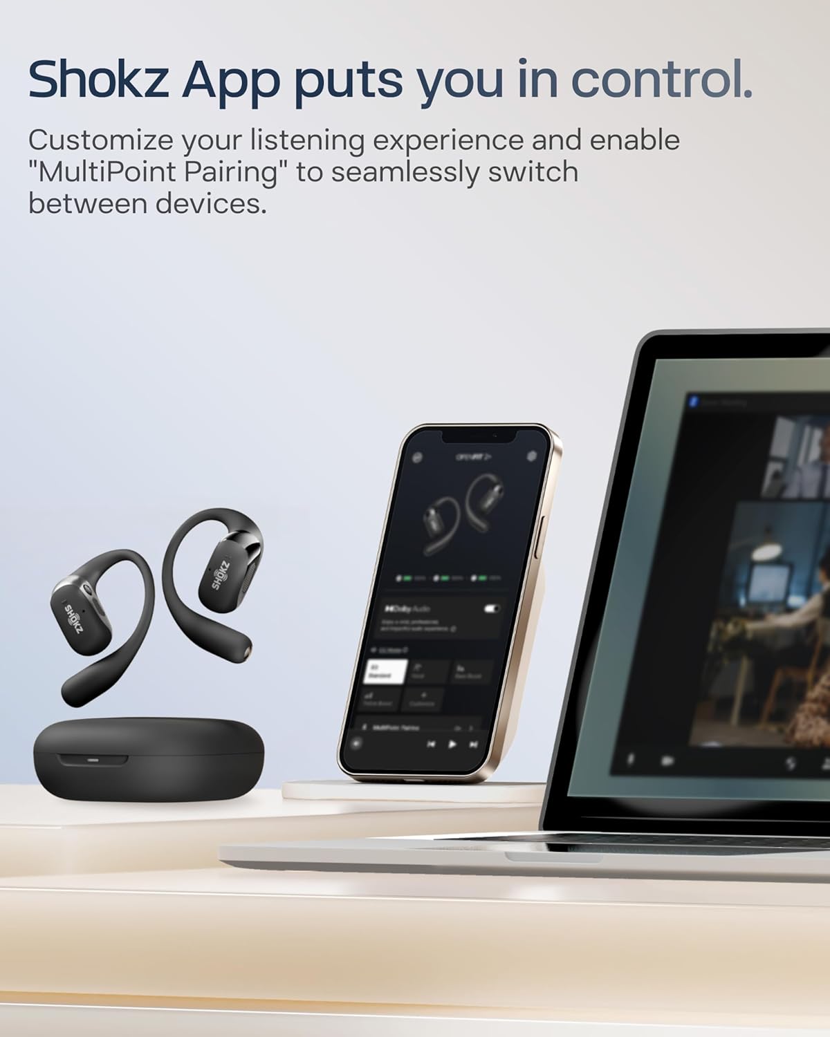 SHOKZ OpenFit 2+ Open-Ear Earbuds, Black, Dolby Audio,Wireless Charging | Soft Ear Hooks； IP55 Water-Resistant; USB-C Fast Charging；48H Playtime; Gym/outdoor/home use