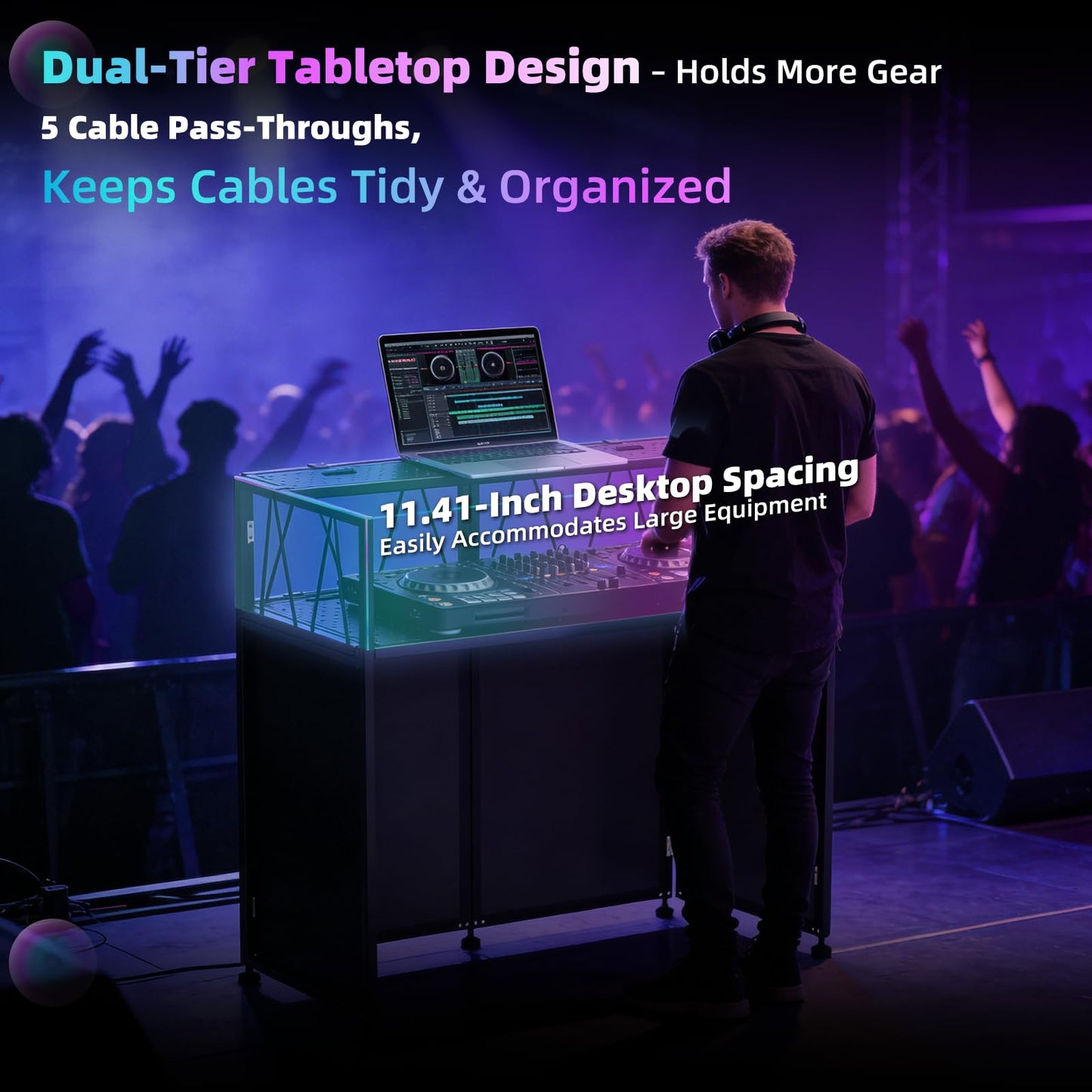 Portable DJ Booth Facade Stand, DJ Table Stand, DJ Facade Booth with White & Black Scrims, Includes Carry Bag & Two Top Corners Table, Tool-Free Setup, for Parties, Events, Studios (40"L x 20"W)