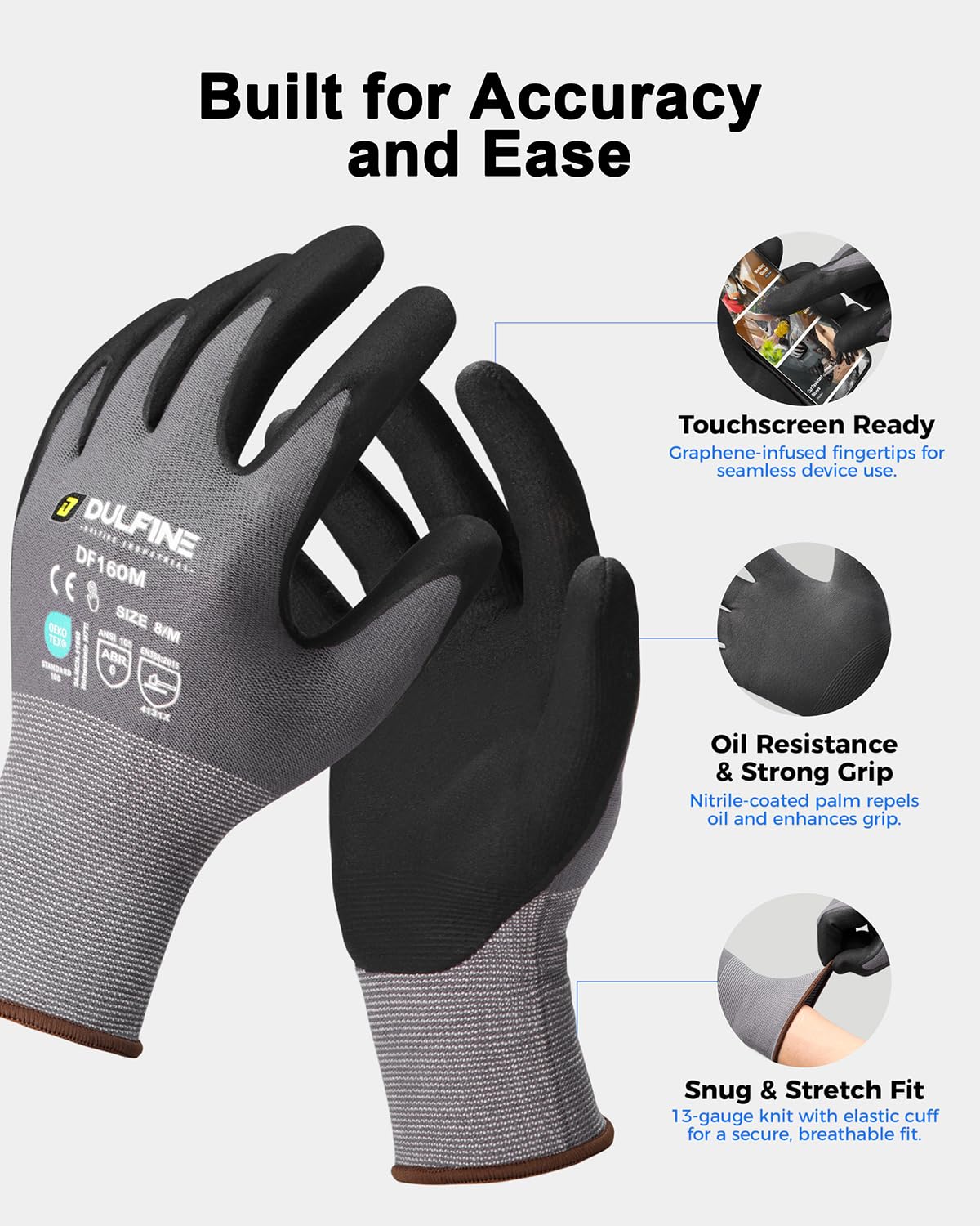 DULFINE MicroFoam Nitrile Coated 3/12/36 Pairs Work Gloves for Men & Women | Strong Grip, Touchscreen, Seamless Nylon Knit, Ideal for General Purpose, Automotive, Home Improvement, Painting