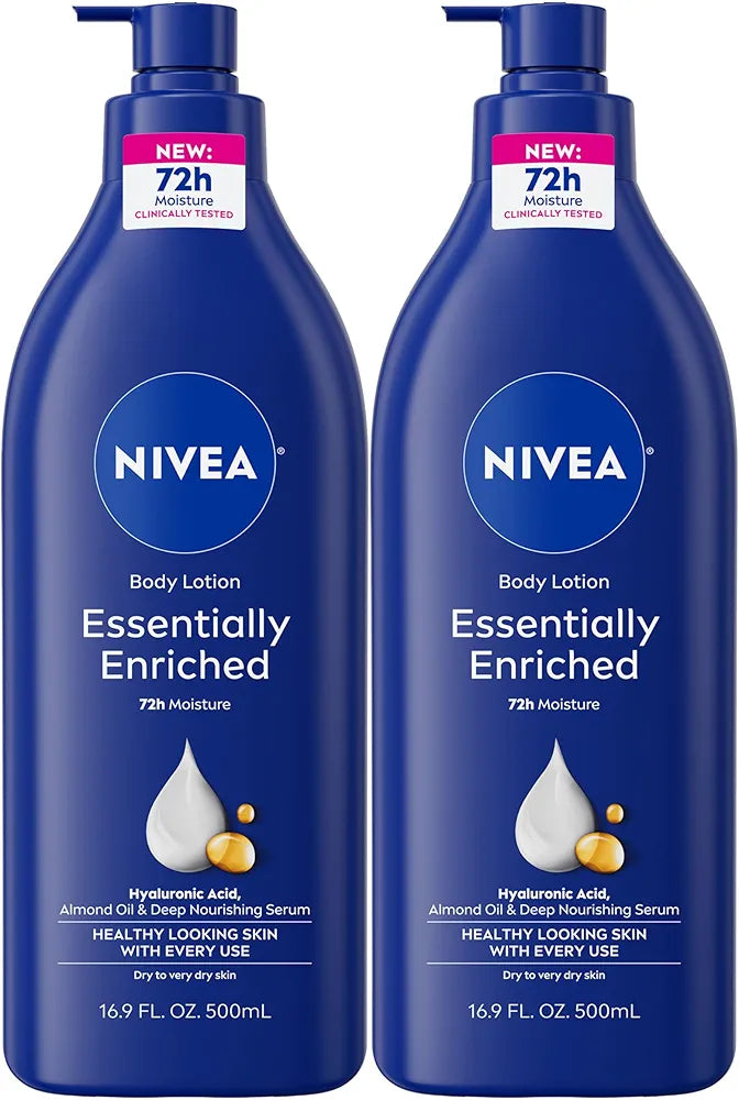 NIVEA Essentially Enriched Body Lotion for Very Dry Skin, 72-Hour Deep Nourishing Moisturizer with Hyaluronic Acid & Almond Oil, 16.9 Fl Oz Pump Bottle, 2-Pack