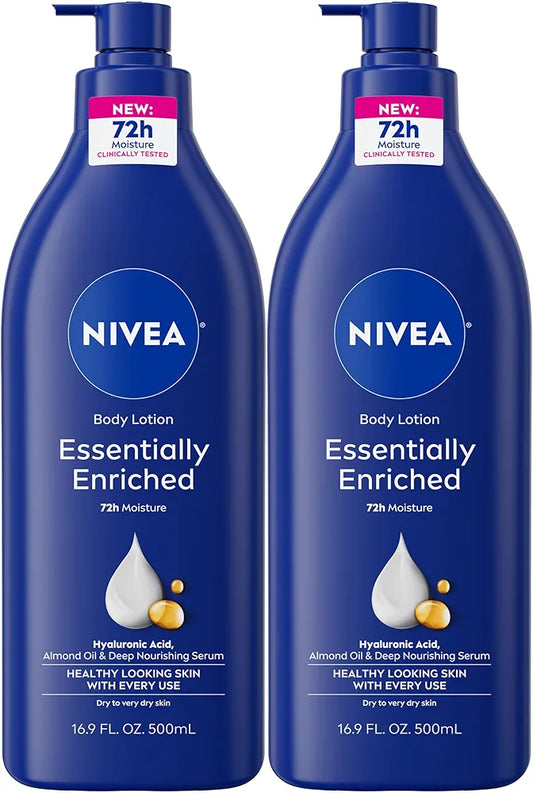 NIVEA Essentially Enriched Body Lotion for Very Dry Skin, 72-Hour Deep Nourishing Moisturizer with Hyaluronic Acid & Almond Oil, 16.9 Fl Oz Pump Bottle, 2-Pack
