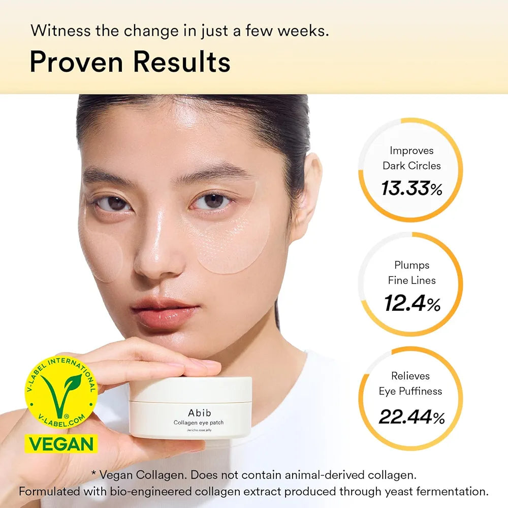 Abib Vegan Collagen Eye Patches for Wrinkles & Fine Line with Jericho Rose Jelly & Peptides, 60 Count, Korean Skin Care