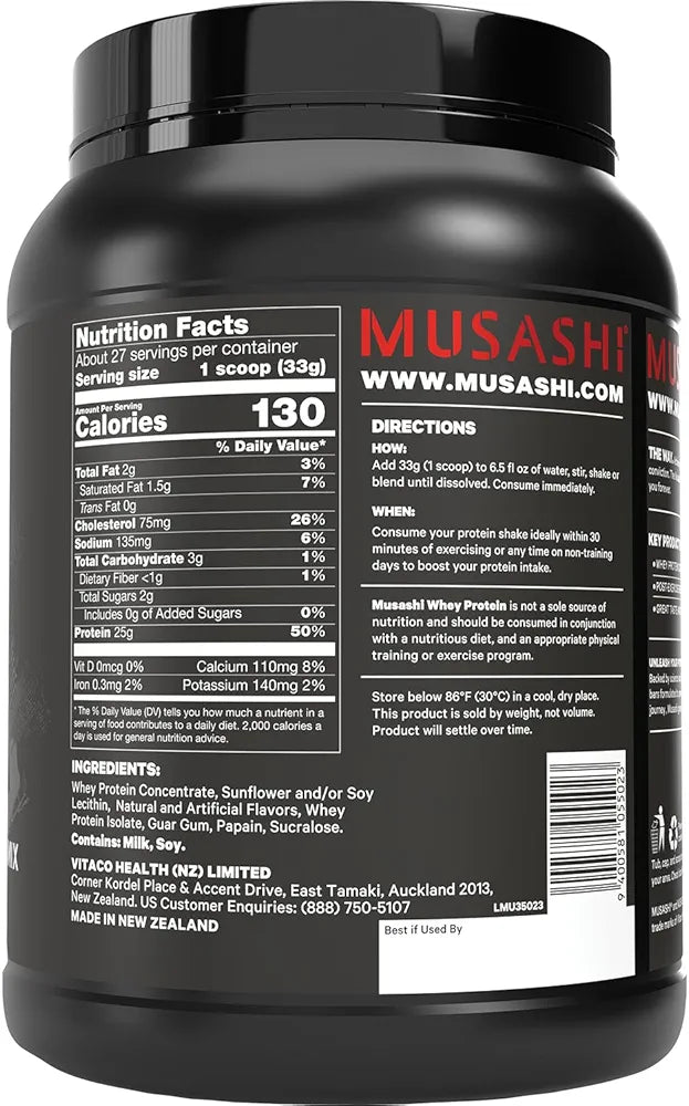 Musashi Whey Protein Powder, Vanilla, 900g , WPC & WPI Blend, 25g Protein, 130 Calories per Serving