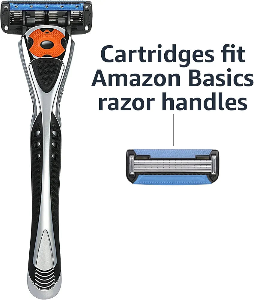 Amazon Basics 5-Blade MotionSphere Men's Razor with Dual Lubrication, Vitamin E, Precision Trimmer, 1 Handle & 16 Cartridges, Black