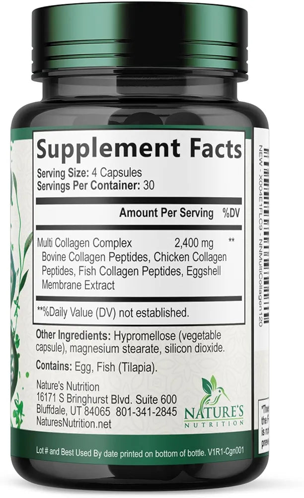 Multi Collagen Pills - Hydrolyzed Collagen Peptides Capsules for Women & Men - Types I, II, III, V, X Multi Collagen Complex - Hair, Skin & Nails Support Supplement - Bottled in the USA - 120 Capsules