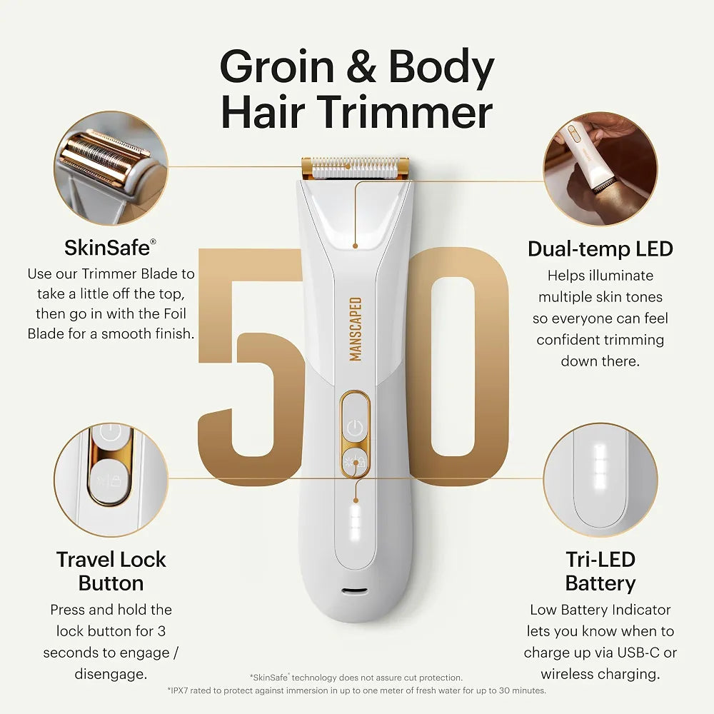MANSCAPED The Lawn Mower 5.0 Ultra Waterproof Electric Groin and Body Hair Trimmer with Dual-Head SkinSafe Blades and Travel Case