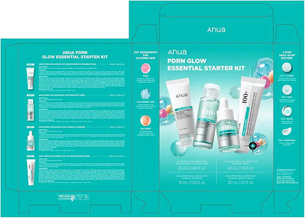 Anua Salmon DNA PDRN Glow Essential Starter Kit, Hyaluronic Acid Skincare Set, Glass Skin Routine with Firming & Hydrating Cleanser, Toner, Serum & Cream, Mini Travel Essentials, Korean Skincare Gift