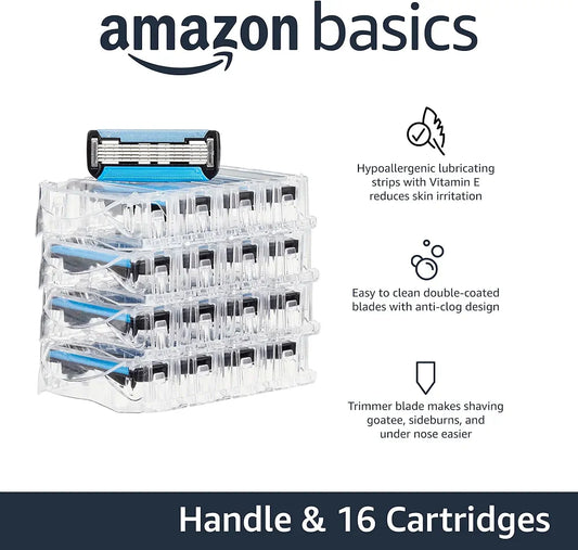 Amazon Basics 5-Blade MotionSphere Men's Razor with Dual Lubrication, Vitamin E, Precision Trimmer, 1 Handle & 16 Cartridges, Black