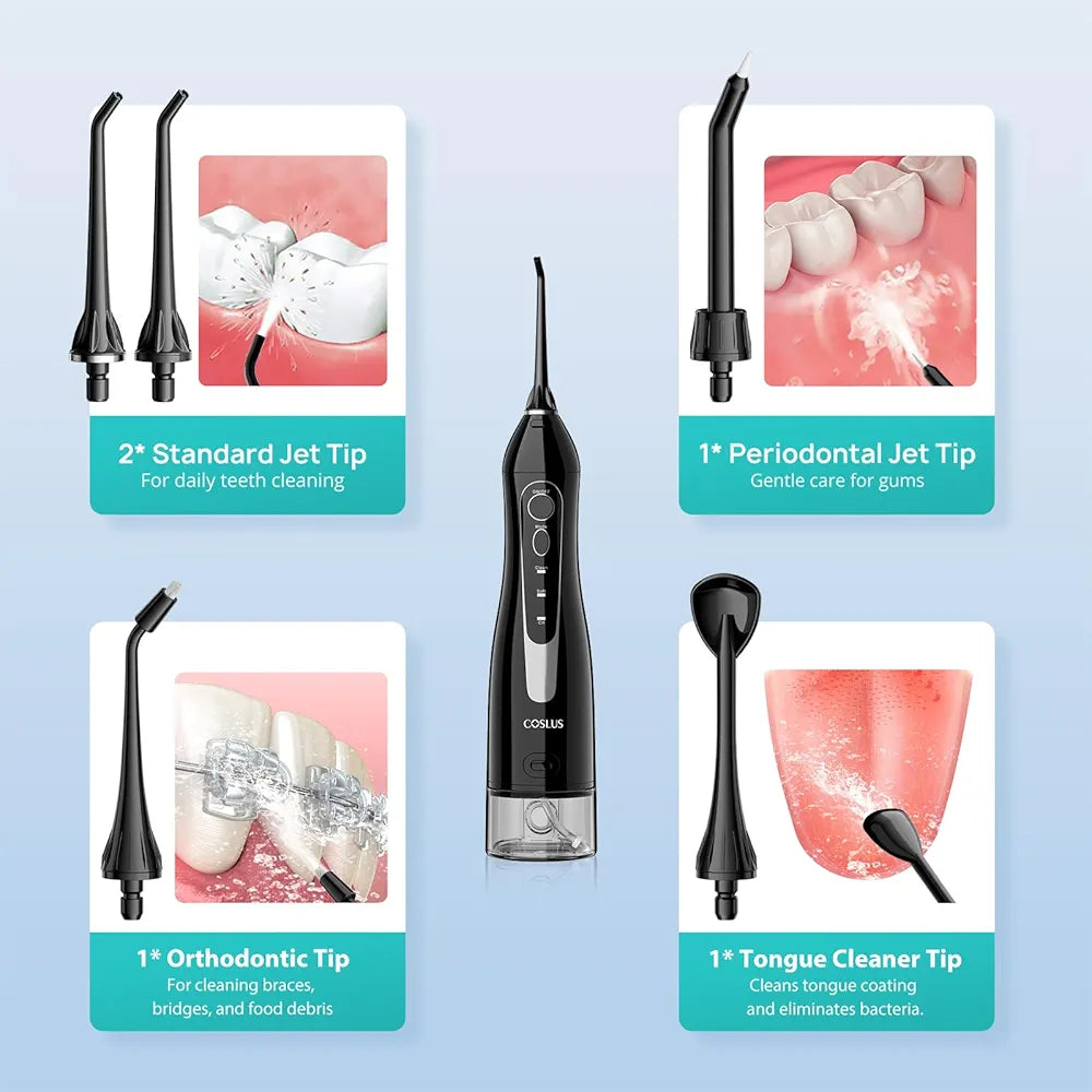 COSLUS Water Dental Flosser Teeth Pick C20: ADA Accepted, Portable Cordless Oral Irrigator 300ML Rechargeable Travel Irrigation Cleaner IPX7 Waterproof Electric Flossing Machine for Teeth, Black