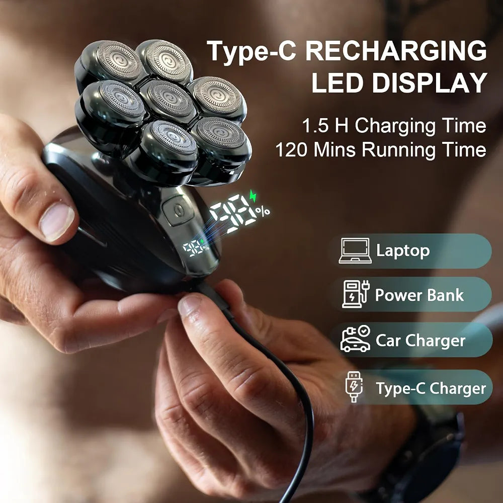 5D Floating Electric Head Shaver for Bald Men with Magnetic Removable Head, IPX7 Waterproof, LED Display, and Type-C Fast Charging