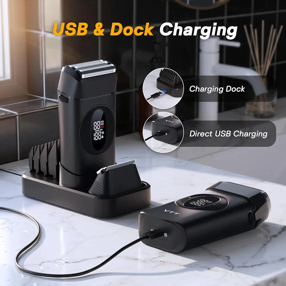 VTT 2-in-1 Electric Foil Shaver and Beard Trimmer - Waterproof Wet/Dry Grooming Kit with Titanium Blades and LED Display